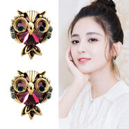 大絨鵝韓版復古貓頭鷹耳釘女氣質(zhì)時(shí)尚仿水晶耳環(huán)女個(gè)性潮人耳飾品 【銀針】復古貓頭鷹古典紅