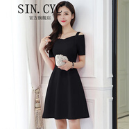 SIN.CYC春夏中長(cháng)款一字領(lǐng)露肩連衣裙女大擺短袖修身顯瘦禮服仙女裙子 黑色（短袖） XL