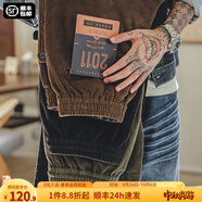 馬登工裝美式復(fù)古燈芯絨束腳長褲松緊腰條絨滑板錐型直筒休閑褲子男秋 咖啡色 M