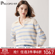 帕羅（PALUOPO）秋冬女士翻領加厚羊絨衫撞色條紋淑女提花100%山羊絨針織毛衣 米白 L 105