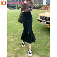 VOYDOVE氣質(zhì)牛仔魚(yú)尾裙女半身裙開(kāi)叉2025新款春夏秋顯瘦包臀一步中長(cháng)裙子 黑灰【z】 M 90-105斤