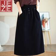 JEZE棉質(zhì)中長(zhǎng)裙子女2025春夏韓版新款減齡寬松A字裙氣質(zhì)顯瘦半身裙子 黑色 2XL (建議145-165斤)