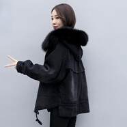 AEMAPE加厚加絨大毛領(lǐng)牛仔外套洋氣女2025秋冬季新款寬松棉服女時尚棉衣 黑色 S 98斤內(nèi)