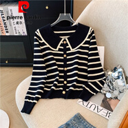 皮爾卡丹（pierre cardin）2025早秋休閑大尺寸胖毫米娃娃領(lǐng)右肩上衣高端小香條紋女裝 黑條紋針織衫(版)【感超好看/歐洲站歐貨/官方旗艦 M (100斤以下)