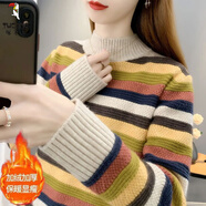 啄木鳥(niǎo)羊毛衫彩色條紋毛衣秋冬新款寬松加厚小個(gè)子半高領(lǐng)短款撞色針織衫 卡其色-加/絨 加厚 3XL