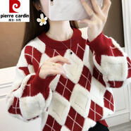 皮爾卡丹加絨加厚娃娃領(lǐng)假兩件羊毛衣女秋季新款寬松韓版內搭保暖針織上衣 酒紅色【圓領(lǐng)】 L 【建議105-115斤】