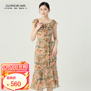 哥弟（GIRDEAR）女裝2025新款荷葉邊領(lǐng)口開叉造型連衣裙（附腰帶）150025 夏日花園 S (2碼)