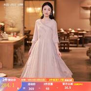 煙花燙國風(fēng)氣質(zhì)連衣裙女春秋款2025新品高腰顯瘦繡花網(wǎng)紗裙子SD 安如 淺米粉 M