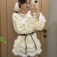 黛芙熙法式名媛風(fēng)洋氣收腰中長(cháng)款針織衫女2025秋新款拼接毛毛絕美毛衣裙 白色優(yōu)質(zhì)版 S 建議90-100斤