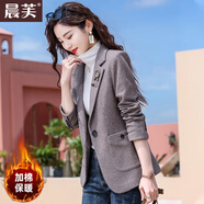 晨芙千鳥(niǎo)格小西裝外套女春秋時(shí)尚氣質(zhì)休閑小個(gè)子短款復古格子西服上衣 紅棕格外套【加棉款】 2XL 建議120-130斤