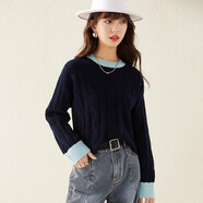 兔皇（TUHUANG）【純羊毛】絞花短款拼色針織毛衣25秋冬圓領(lǐng)女羊毛衫TW047730