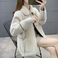 AEMAPE2025秋冬新款仿水貂絨外套女短款韓版寬松加厚毛衣開(kāi)衫針織上衣 米白色 厚款 M 建議101-110斤