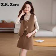 Z.R.Zoro奢侈品連衣裙女2025秋冬新款時(shí)尚氣質(zhì)馬甲打底衫半身裙面試三件套 卡其色 M