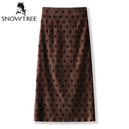 SNOWTREE高級感金絲絨半身裙女春秋新款玫瑰印花中長(cháng)裙今年流行a字包臀裙 咖色波點(diǎn) XL __29_115-125斤