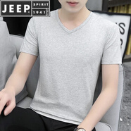 JEEP SPIRIT23夏新款莫代爾短袖t恤男純色v領(lǐng)冰絲速干體恤上衣服潮流夏 淺花灰 S (90-105斤合身)