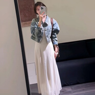 早秋季新款韓系松弛感穿搭復古牛仔外套搭配蕾絲吊帶連衣裙套裝女 兩件套 M (建議80-100斤)