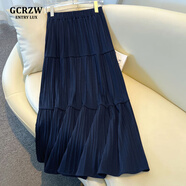 GCRZW高端高腰灰色半身裙女秋冬季百褶裙中長(cháng)款2025新款氣質(zhì)a字裙傘裙 藏青色 【輕奢高檔款】 均碼 -建議85-140斤