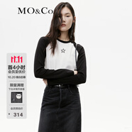 MO&Co.水漿星星圖案美式撞色插肩袖長袖圓領(lǐng)短款棉質(zhì)彈力T恤摩安珂 本白色-第1批 L 170