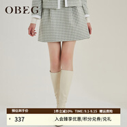 OBEG歐碧倩秋冬花苞式半身裙女千鳥(niǎo)格羊毛呢A字裙子10404108 灰綠格 155/XS/34