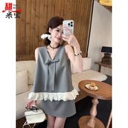 甜米寶法式蝴蝶結(jié)V領(lǐng)撞色拼接背心西裝半身裙2025夏季新款名媛風(fēng)套裝女 灰色短裙 【單件】 L 110-120斤