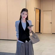 麗喬韓系疊穿掛脖針織背心馬甲針織打底衫兩件套女秋季慵懶風(fēng)長袖上衣 上衣+吊帶 S碼78-98 均碼