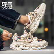 森馬（senma）高幫秋季2025新款青少年潮牌老爹鞋男增高籃球運(yùn)動跑步鞋休閑鞋男 米棕570A 39