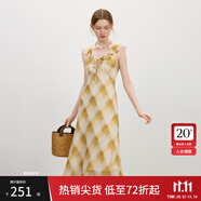 范思藍(lán)恩法式復(fù)古格紋荷葉邊連衣裙2025夏新款U型領(lǐng)顯瘦裙子2318 黃米格 L