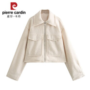 皮爾卡丹（pierre cardin）ins風網(wǎng)紅歐美秋冬新品時尚毛呢短外套女感休閑夾克 乳白色 XS 歐美尺碼偏大