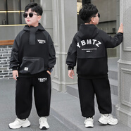 她及其他胖童秋季套裝加肥加大男童運動(dòng)兩件套長(cháng)袖學(xué)生衛衣洋氣潮流長(cháng)褲15 黑色八寶袋【連帽春秋套裝】 140 碼建議120-135身高，50-70斤