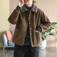 AEMAPE新年戰袍羊羔毛翻領(lǐng)加絨加厚短外套女2026秋冬保暖棉襖休閑夾克女 咖啡色 L 115-130