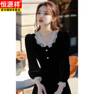 恒源祥金絲絨高端連衣裙子女2025秋冬新款感蕾絲邊赫本小黑裙 黑色 M