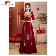 皮爾卡丹（pierre cardin）大碼敬酒服新娘結(jié)婚回門服定親酒紅色長袖絲絨訂婚連衣裙禮服女冬 酒紅色061 S (胸圍80，腰圍63) (90斤—100斤）
