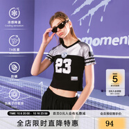 SuaMoment貼布繡插肩v領(lǐng)撞色短袖T恤女夏季短袖休閑運(yùn)動(dòng)球衣體恤 黑色 M