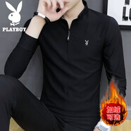 花花公子（PLAYBOY）長(cháng)袖t恤男秋冬款新款韓版休閑保暖立領(lǐng)打底衫男裝加絨百搭衛衣男 1812C黑色 3XL