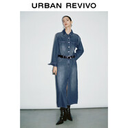 UR2025冬季新款女裝復古水洗腰帶后開(kāi)衩牛仔連衣裙UWG850167