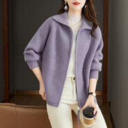 JPUZ針織衫開(kāi)衫拉鏈羊·毛衣外套寬松大碼女裝胖MM加厚秋冬裝外搭上衣 紫色 L