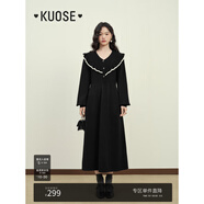 闊色（kuose）小香風(fēng)黑色長(cháng)袖針織連衣裙女秋冬半高領(lǐng)毛衣a字收腰長(cháng)裙 黑色8002 L