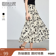 熙世界（sllsky）國風(fēng)水墨碎花半身裙女士夏季新款氣質(zhì)黑色暈染印花a字長裙 黑白花 XL