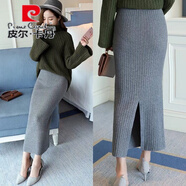 皮爾卡丹（pierre cardin）中長款針織半身裙一步裙包臀裙女秋冬季高腰長裙加厚開叉毛線裙子 灰色 S