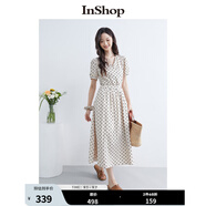 InShop【商場(chǎng)同款】新款立體泡泡袖氣質(zhì)連衣裙女復(fù)古撞色波點(diǎn)長(zhǎng)裙 杏花 M