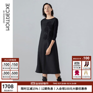 例外（EXCEPTION）新中式女裝春秋款羊毛長(zhǎng)裙混紡長(zhǎng)袖繡花A字連衣裙 黑色/99 L