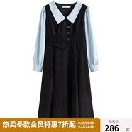 獨束大碼女裝假兩件撞色襯衫領(lǐng)連衣裙女秋冬微胖mm文藝復古穿搭裙子 墨染黑【適合160左右】 M