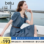 百圖betu女裝2025夏季新款短袖連衣裙泡泡袖撞色皮腰帶牛仔裙2505T76 深牛仔藍(lán) S