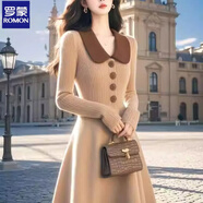 羅蒙法式感卡其色毛衣連衣裙冬季收腰顯瘦娃娃領(lǐng)長(cháng)袖A字裙子 卡其色【時(shí)尚保暖】 S 80-90斤