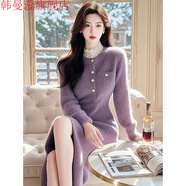 韓曼蕊秋冬款氣質(zhì)名媛高端簡(jiǎn)約時(shí)尚風(fēng)情萬(wàn)種的紫色打底針織連衣裙女2025 連衣裙 S 80-95斤