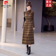 皮爾卡丹（pierre cardin）毛呢背帶連衣裙女兩件裝女2025春秋新款氣質(zhì)修身顯瘦加厚打底長(cháng)裙 格子+咖毛衣 M