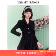 糖力【商場同款】春秋新款黑色長袖歐根紗擺西裝連衣裙女 黑色 XL
