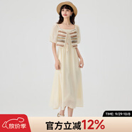 快魚復(fù)古時(shí)尚連衣裙2024新款女夏季假兩件設(shè)計(jì)拼接系帶泡泡袖長(zhǎng)裙 淺米色 L
