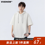 viishow設計感連帽短袖t恤男生夏季美式潮牌寬松涼感半袖體恤帽衫上衣 本白 S