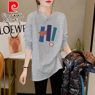 皮爾卡丹（pierre cardin）歐貨寬松純棉長(cháng)袖磨毛T恤女打底衫2025秋季新款中長(cháng)版內搭上衣ins 花灰色中長(cháng)版長(cháng)袖 2XL 150-160斤